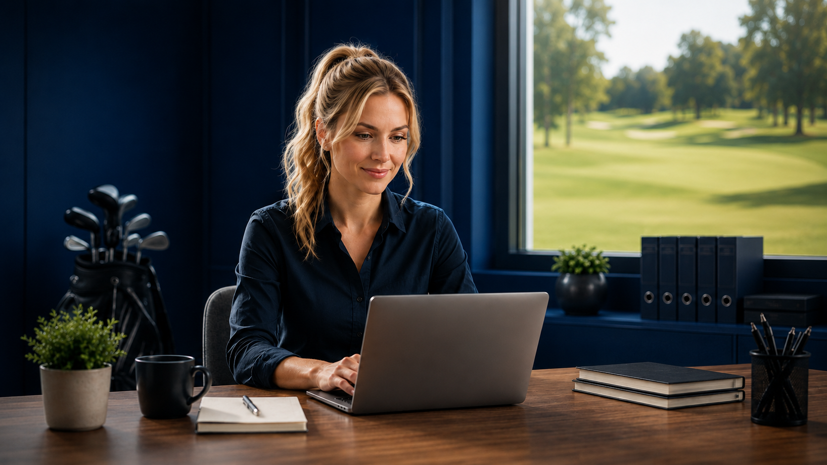 Golfclub-Sekretärin im Homeoffice bei leadgolf